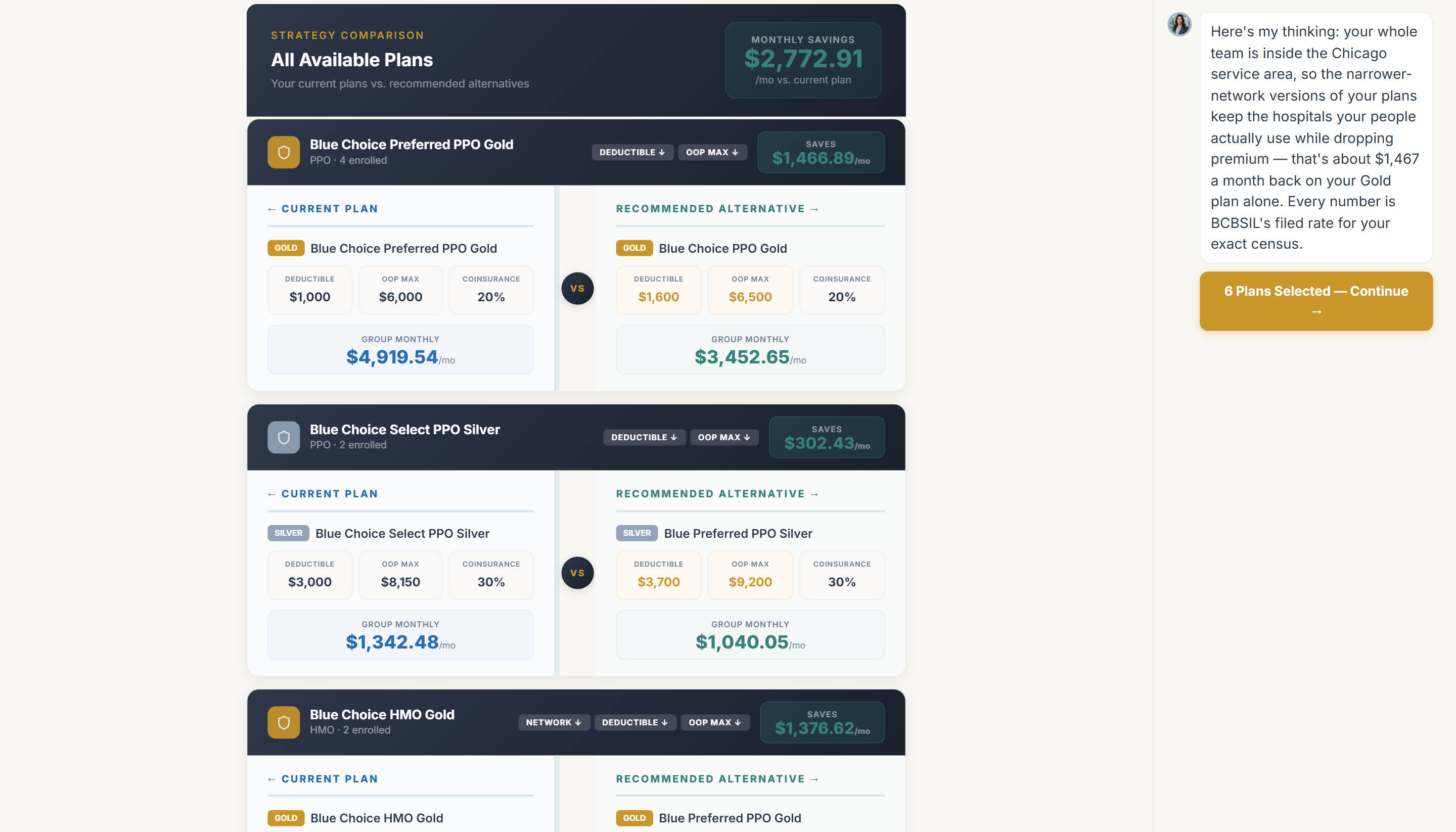 AllieAdvisor employer quoting screen: BCBSIL plans compared side by side with monthly totals, and Allie's guidance panel